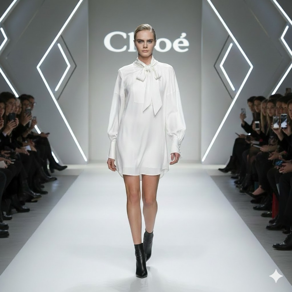 NEW CHLOE silk long sleeve white dress with ruffle neck  sz 40/8